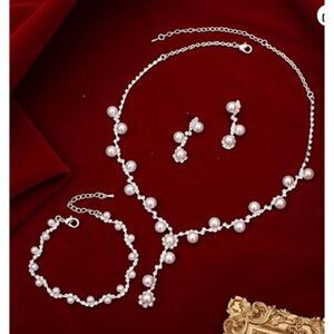 S925 Crystal & Pearl Set Necklace, Bracelet & Earrings Wedding Prom Formal